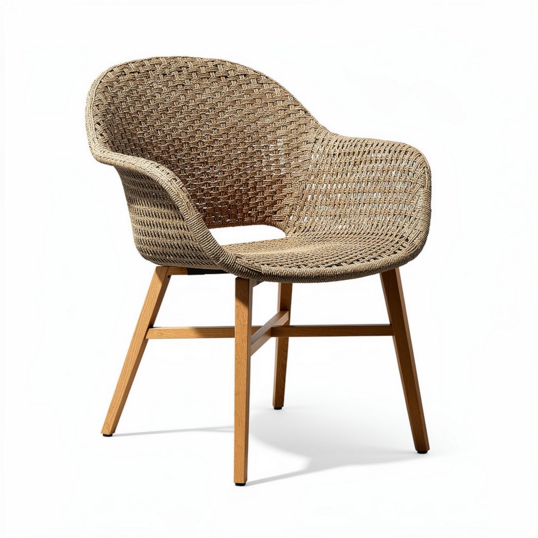 Woven rattan armchair with wooden legs for indoor and outdoor use